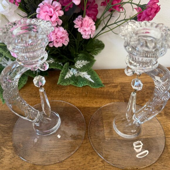 Cambridge Chantilly Martha‎ Crystal Candle Holders Pair Art Deco Etched Prisms - Picture 3 of 7
